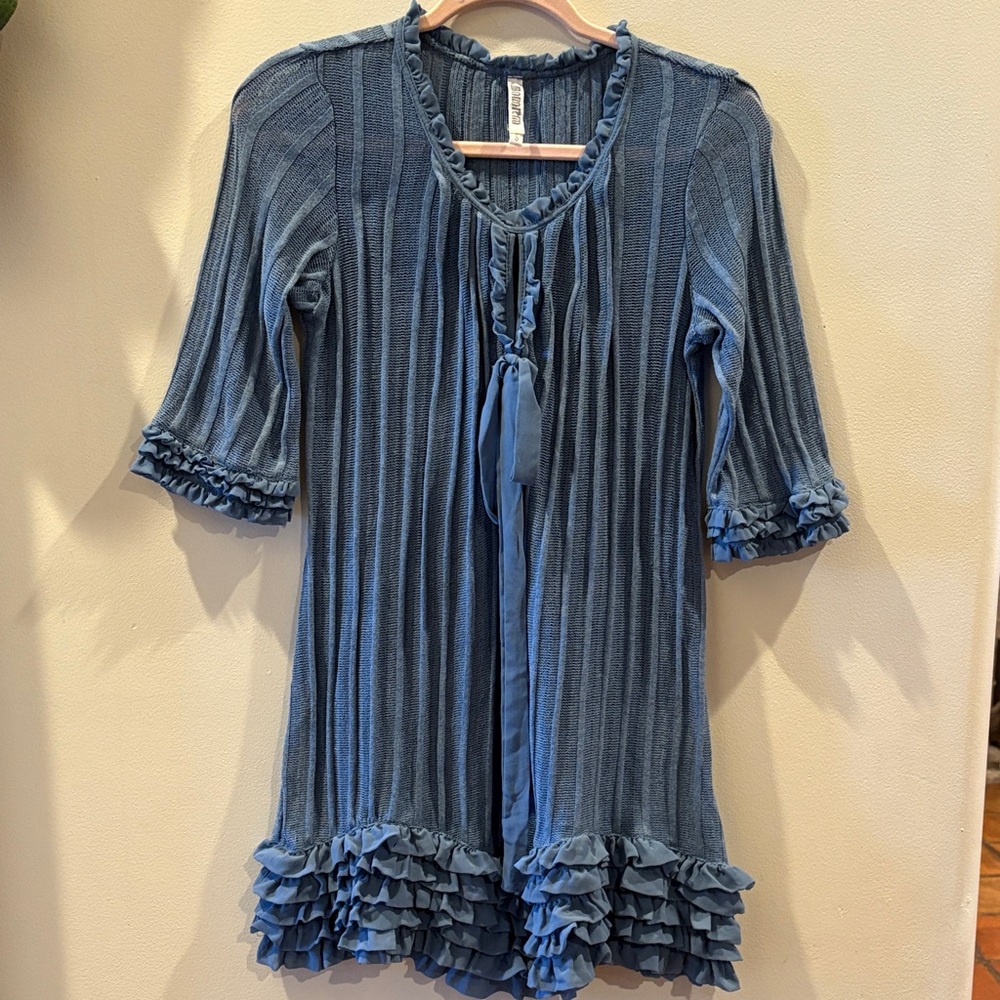 Monoreno Blue Size S Ruffled Sheer Knit Mini Dress